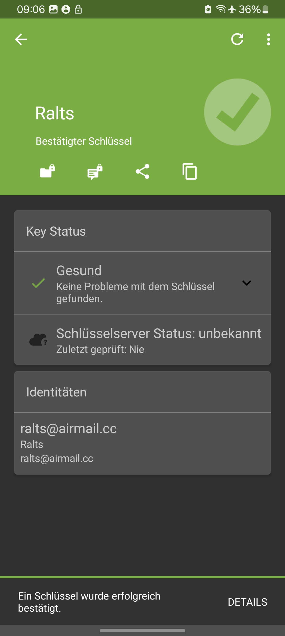 Schritt 4: Bestätigung des Schlüssels nach Überprüfung des Fingerabdrucks